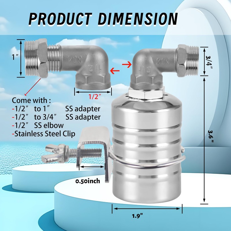MEUPMEOP Float Valve, 1/2" to 3/4" 1" 304 Stainless Steel