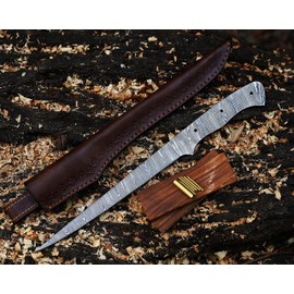 Handmade Damascus Steel Boning Knife Fillet Knife Chef Kitchen Knife with Leather Sheath Wood Handle 14" Blank blades knife making kit (BLANK KIT)