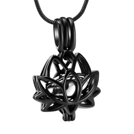 Cremation Jewelry Urn Pendant Necklace with Hollow Urn Cremation Jewelry for Ashes Lotus Flower Shape (Black-S)