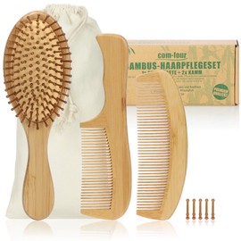 COM-FOUR® 3-piece premium hair care set, all-purpose brush and two bamboo styling combs, bamboo hair brush and hairdressing comb for all hair types (3-piece combs + brush)
