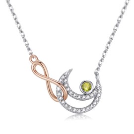 Qings August Birthstone Peridot Necklace S925 Brilliant Moon Sky Rose Gold Infinite Pendant Olive Green Cubic Zirconia 18”Adjustable Link Jewelry Collection for You