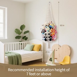 6.5Ft H Stuffed Animal Storage, Stuffy Toy Hammock Corner Hanging Net, macrame Display Plush Toy wall hanging-One Hook, organizers and storage Toy Holder for Nursery kids room Bedroom decor (Cream)