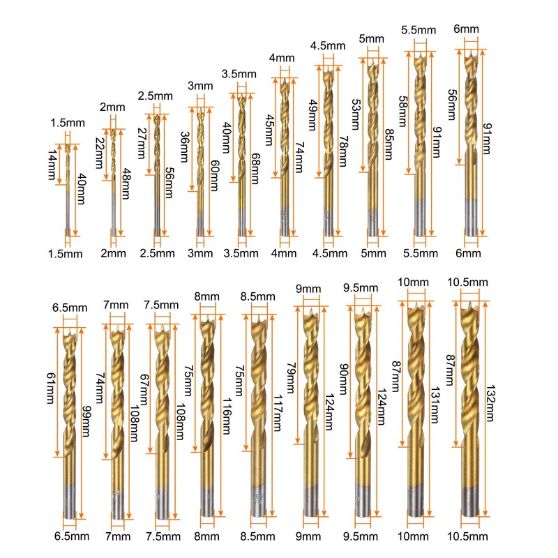 sourcing map 19pcs Brad Point Drill Bit Set 1.5mm-10.5mmDia Straight