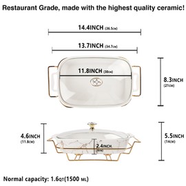 jinsongdafa Ceramic Casserole Dish with Glass Lid and rack, 1.6 Quart Serving Soup Tureen,Chafing Dish for Buffet, Family Food preserve Tray, Catering Casserole for Party Style,White 14.4 Inch