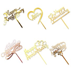 6 piezas de decoración de pastel de feliz aniversario, decoración de boda, aniversario de boda, acrílico, suministros de decoración de fiesta de feliz aniversario (6)