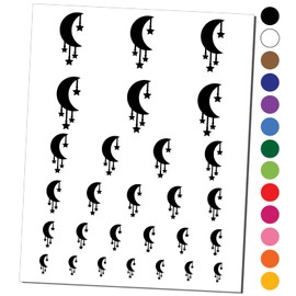 Moon with Hanging Stars Temporary Tattoo Water Resistant Fake Body Art Set Collection - Black (One Sheet)