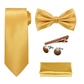 TIE G 5pcs Tie Set in Premium Gift Box : Solid Color Necktie, Satin Bow Tie, Pocket Square, Tie Bar, Cuff Links (D-Gold Black Box)