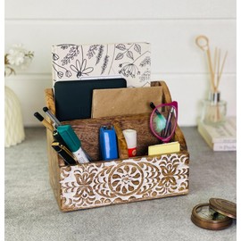 Wooden Office Desk Organizer Countertop, Farmhouse Stationary Aesthetic Organizer for Marker, Pen, Remote, Makeup Brush, Art Supplies Accessories, Modern Work Study Drawer Caddy- White Shabby Chic