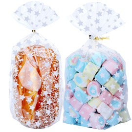 ZIMCEMS 50Pcs 7X12 inch Bottom Gusset Bags Silver Star Printed Clear Cellophane Gift Bags Plastic Gift Wrap Cello Bags for Party Favor Treats, Goodie,with 5" Twist Ties