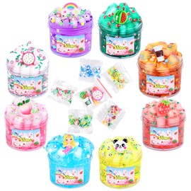 Jelly Cube Clear Slime Kit for Kids, 8 Pack Colorful Crunchy Slime with Fruit Peach Slime Charms, Soft and Non-Sticky, Stress Relief Toy for Boys, Birthday Gifts Party Favors for Girls