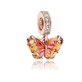 UIHEI Pink & Yellow Murano Glass Butterfly Dangle Charm for Bracelet Necklace in 925 Sterling Silver Charm Beads Jewellery Gift for Women at Mother's Day Graduation Anniversary, Charm Pendants Beads Jewelry Gift for Her Wife