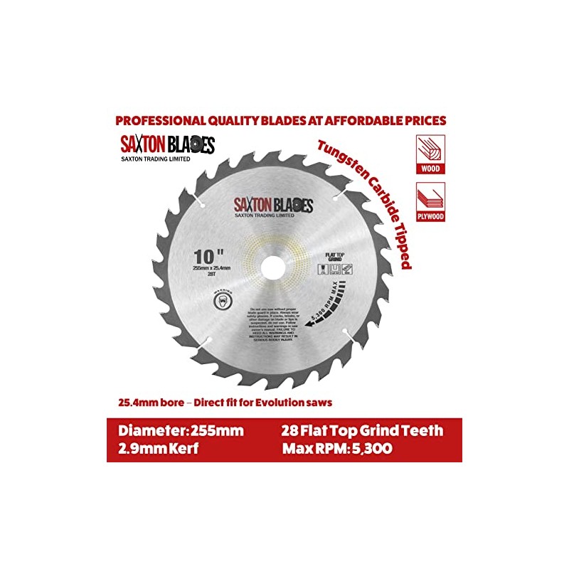Saxton Flat Top TCT Circular Saw Blade 255mm x 28T