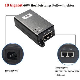 Procet PoE Injector Midspan (10Gbps) Power-Over Ethernet Active 60W 55V CE/UL Certificate for a New Range of Applications Including 802.11ax Access Points, WiFi 6