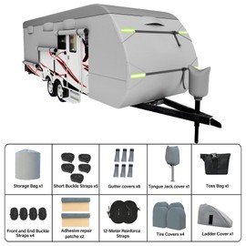 Travel Trailer RV Cover, Upgraded 8 Layers Top Travel Trailer Cover Fits 24 to 27 Feet RV, Waterproof Camper Cover with 4 Tire Cover & Tongue Jack Cover Extra Windproof Ropes, Gutter Covers