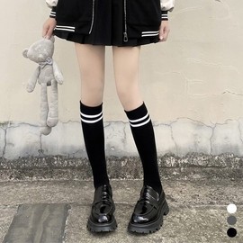 Two-Stripe High Socks (Knee-High Style) for School Look Accent Socks White/FREE 2ea