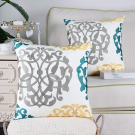 CaliTime Pack of 2 Cotton Throw Pillow Cases Covers for Bed Couch Sofa Vintage Compass Geometric Floral Embroidered 16 X 16 Inches Medium Grey/Teal/Gold