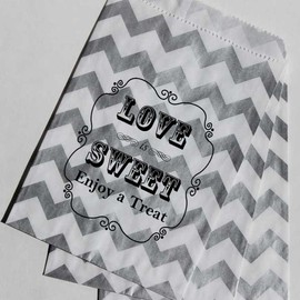 Bakers Bling Wedding Party Favor Bags with Stickers, Silver and White Chevron Stripe Love is Sweet Enjoy a Treat Candy Bags, 5.5 x 7.5, Set of 48 Bags and 48 Stickers