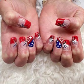 24Pcs Independence Day Press on Nails Medium Length, July 4th Line Design Fake Nails, Glossy Full Cover Acrylic Nails for Women Holiday Manicure Decoration Supplies with Glue