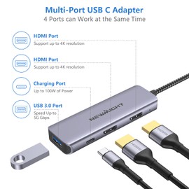 USB C to Dual HDMI Adapter, Newmight 4 in 1 HDMI Adapter for Dual Monitors, USB C Hub with 2 4K HDMI, USB 2.0, 100W PD, Thunderbolt USB C Dock for MacBook, Dell, HP, Lenovo and Other Type C Devices