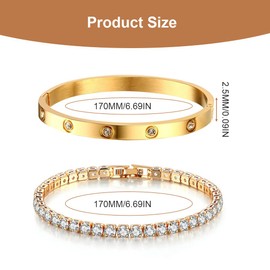 NTRUXZP Women's Tennis Bracelet Cubic Zirconia Bangle Bracelet: 2 Pieces Bracelet for Women Stainless Steel 6 mm Wide 17 cm Bracelets Jewellery Gift Golden for Mum Friend Daughter, [Stainless Steel",