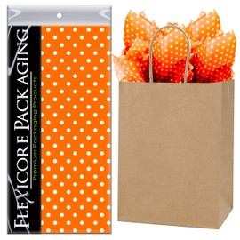 Flexicore Packaging Natural Brown Kraft Paper Gift Bags & Orange Gift Wrap Tissue Paper | Size: 8 Inch X 4.75 Inch X 10.5 Inch | Count: 50 Bags | Color: Orange Polka Dot