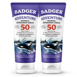 Badger Biodegradable Reef Safe Sunscreen, SPF 50 Unscented Zinc Oxide Sunscreen, 98% Organic Ingredients, Water Resistant Adventure Sport Sunblock, 2.9 fl oz, 2-Pack