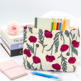 PAZIMIIK Floral Makeup Bag Large Cotton Zipper Pouch for Purse Travel Canvas Make Up Organizer for Women Cosmetic,Poppy Beige