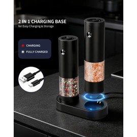 CIRCLE JOY Electric Salt and Pepper Grinder Set with Charging Base, Rechargeable Automatic Pepper Mill, Adjustable Coarseness, LED Light, 140ml Large Capacity