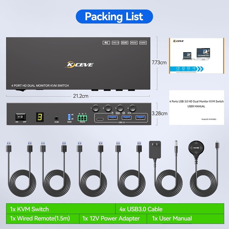 HDMI KVM Switch 2 Monitors 4 Computers 4K@60Hz EDID Simulation,