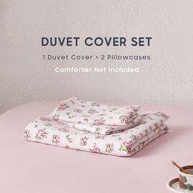 Wake In Cloud - Coquette Duvet Cover Set, Floral Cottagecore Flower Shabby Chic Cute Aesthetic, Soft Lightweight Bedding for Women Teen Girls, 3-Piece, Pink, Full Size