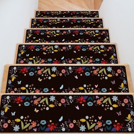 InIsaJace Stair Treads for Wooden Steps, 15 Pack Flower Stair Runners Covers Non Slip Indoor 8" X 30", Washable Carpet Rugs with Silicone Backing for Kids Elders and Dogs