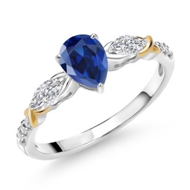Gem Stone King 925 Silver & 10K Yellow Gold Blue Created Sapphire and White Lab Grown Diamond Engagement Ring | 1.29 Cttw | Pear Shape 7X5MM | Available in Size 5,6,7,8,9