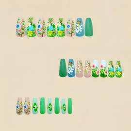 24 Pcs Spring Press on Nails Medium Coffin Fake Nails with Cute Flower Design Full Cover Stick on Nails Green False Nails Reusable Glue on Nails Green Floral Artificial Nails Acrylic Nails for Women