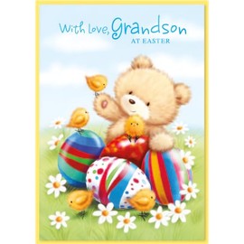 Grandson Easter Card - Bear with Colourful Eggs Chicks Daisies & Blue Foil 7x5"