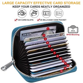 YOKONICO Credit Card Holder Genuine Leather RFID Blocking Credit Card Wallet with Zipper Mini Card Card Wallet Business Case Purse Credit Card Holder for Women and Men (Dark Blue)