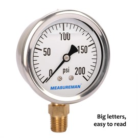 MEASUREMAN 2-1/2" Dial Size, Glycerin Filled Plumbing Pressure Gauge, 0-200psi, Stainless Steel Case, 1/4" NPT Lower Mount