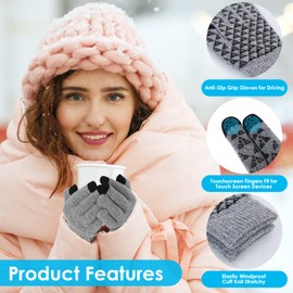 2Pairs Winter Warm Gloves for Women, Lightweight Touch Screen Thermal Warm Gloves Cold Winter, Anti-slip Grip Gloves, Soft Knit Lining, Elastic Cuff Knit Stretchy Material for Running Cycling