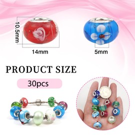 TOAOB 30pcs Mixed Colors Big Hole Beads Classic Glass Beads European Beads Murano Charms About 14mm Fit DIY Craft Jewellery Making