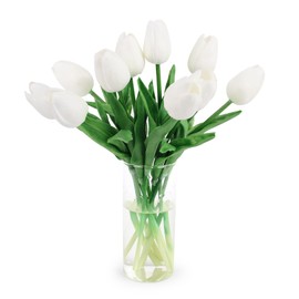 C APPOK Artificial Tulip Flowers in Vase - Fake Tulip Flower with Vase - 10pcs Real Touch White Latex Faux Tulips for Easter Spring Wedding Bouquet Centerpiece Floral Arrangement Cemetery Table Decor