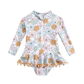 METYOUEZE Toddler Girl One Piece Swimsuit Long Sleeve Zipper Ruffle Tassel Swimwear Summer Beach Bathing Suit 12M-6T (Green Flower,2-3T)