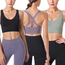 HANERDUN Women's Mittle Support Sports Bra Crossback Push Up Yoga Bra Seamless Without Underwire with Removable Padded for Fitness Running Jogging, 3 pieces (black + grey purple + light green)