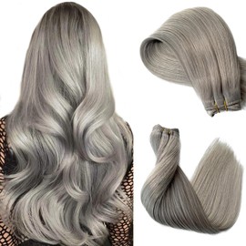 Sew in Weft Hair Extensions Human Hair 22 Inch Long Straight Silver Grey Real Human Hair Sew in Extensions Hand Tied Double Weft Gray Hair Weave Bundles 100G Per Pack, Two or Three Sets for Full Head