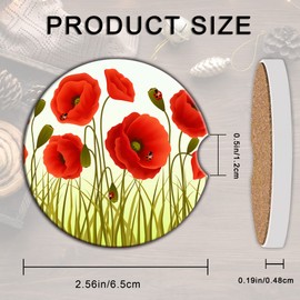 BAMOWEY Absorbent Red Flowers Car Cup Holder Coaster 2 Pack,Ceramic Stone Red Poppy Flowers and Ladybugs Coaster with a Finger Notch for Most Cars Interior