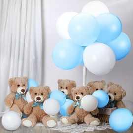 Jenaai 6 Pcs Bears Stuffed Animal with 100 Pcs Balloons Latex Balloons, 14 Inch Bear Plush 12 Inch Balloons for Birthday Baby Shower Wedding Engagement Christmas Party Decor (White, Blue)