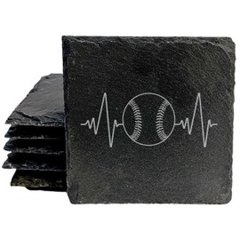 Slate Coasters with Baseball Heartbeat: Laser-Etched Fun for Sports Enthusiasts! - Square Slate - set of 5