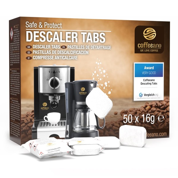 Coffeeano 50x descaling tablets XL for fully automatic coffee machines and coffee makers. Descaling tabs compatible with Jura, Siemens, Krups, Bosch, Miele, Melitta, WMF and many more