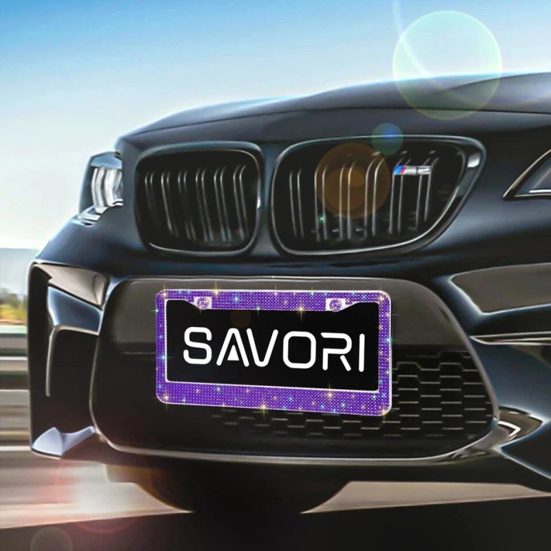 SAVORI Bling License Plate Frames for Women 2 Pack, Rhinestone