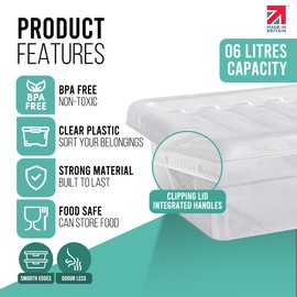 KLASS 6L Storage Boxes With Lids Set of 4, Clear Plastic Storage Box With Lid, Strong & BPA Free Stackable Storage Boxes, Multipurpose Clear Storage Box For Home, Office (6Litre / 4Pack)