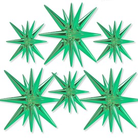 PartyWoo Green Star Balloons 6 pcs, One-Piece 14-Pointed Starburst Balloons, 27 & 22 inch Star Explosion Balloons with Ribbon, Point Star Foil Balloons, Large Mylar Balloons for Party Decorations