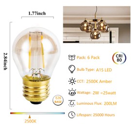 Vintage Amber Light Bulbs 25 watt Equivalent Dimmable E26 Chandelier Light Bulbs 2500K Warm Light, 2W A15 Globe LED Edison Bulb Decorative Lighting, 6 Pack